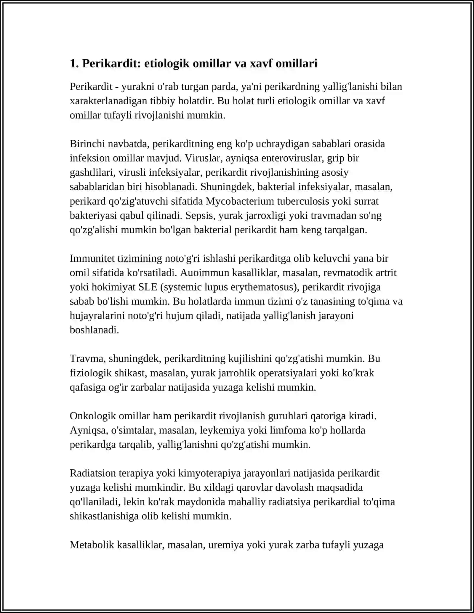 PERIKARDIT RIVOJLANISH SABABLARI VA DIAGNOSTIKASI OʻATE VA QAVATLANUVCHI ANEVRIZMASI ETIOPATOGENEZI VA KLINIKASI 3