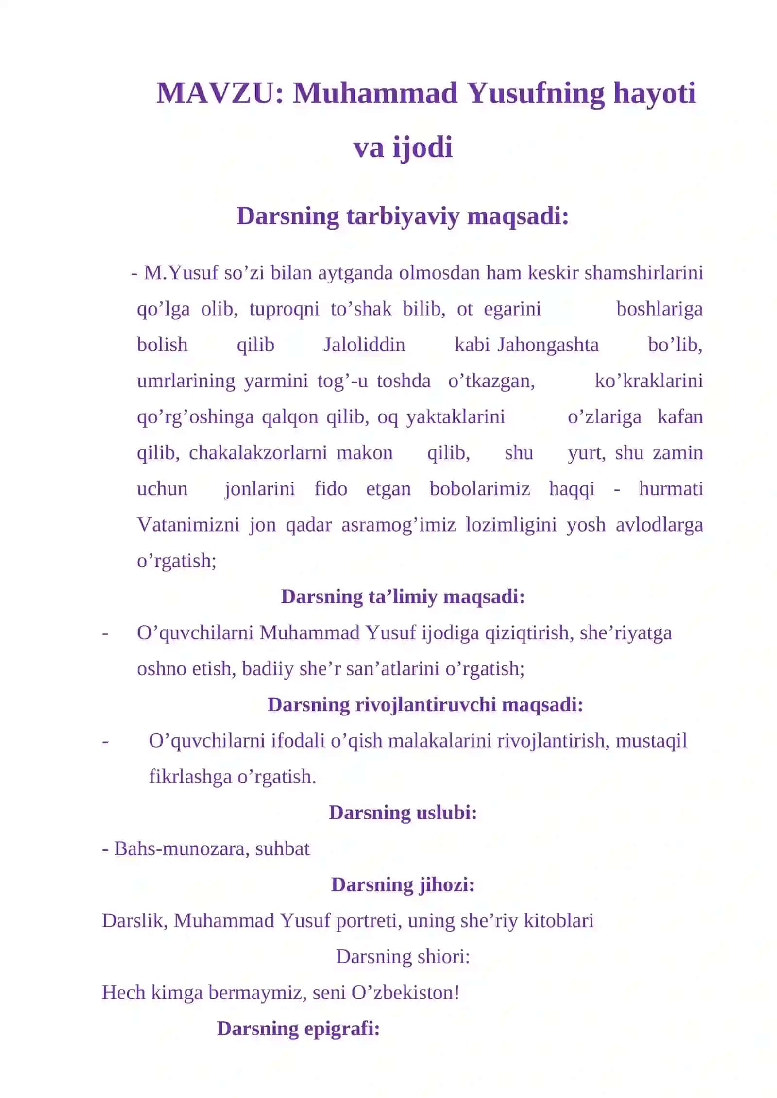8-sinf Adabiyot fanidan Muhammad Yusuf hayoti va ijodi dars ishlanma 3