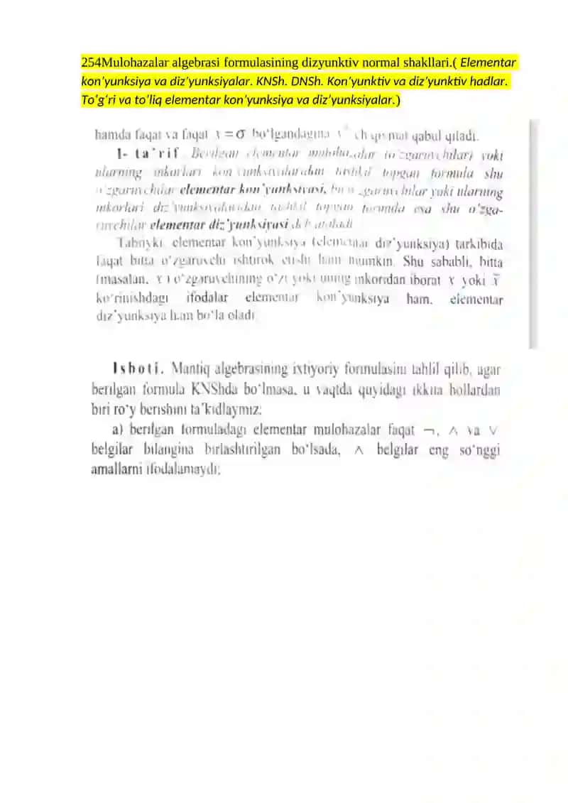 Mulohazalar algebrasi formulasining dizyunktiv normal shakllari 3