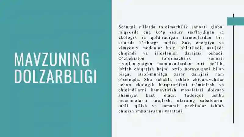 Ishlab chiqarvchi korxonalarni mahsulotlari orqasidan tabiatga berayotgan zararlarni kamaytirish . 3