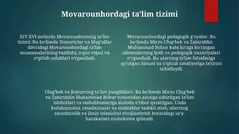 Xiv-Xvi Asrlarda Movorounahrda Ta'Lim-Tarbiya Va Pedagogik Fikrlar Mirzo Ulugbek,Zahiriddin Muhammad Boburning Prdagogik Goyalari Va Ma'Rifatparvarlik Xizmatlari 3