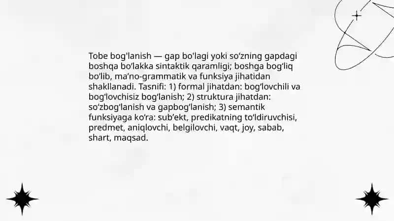 Tobe bog'lanish va gap bo'laklari o'rtasidagi sintaktik munosabatlar 3