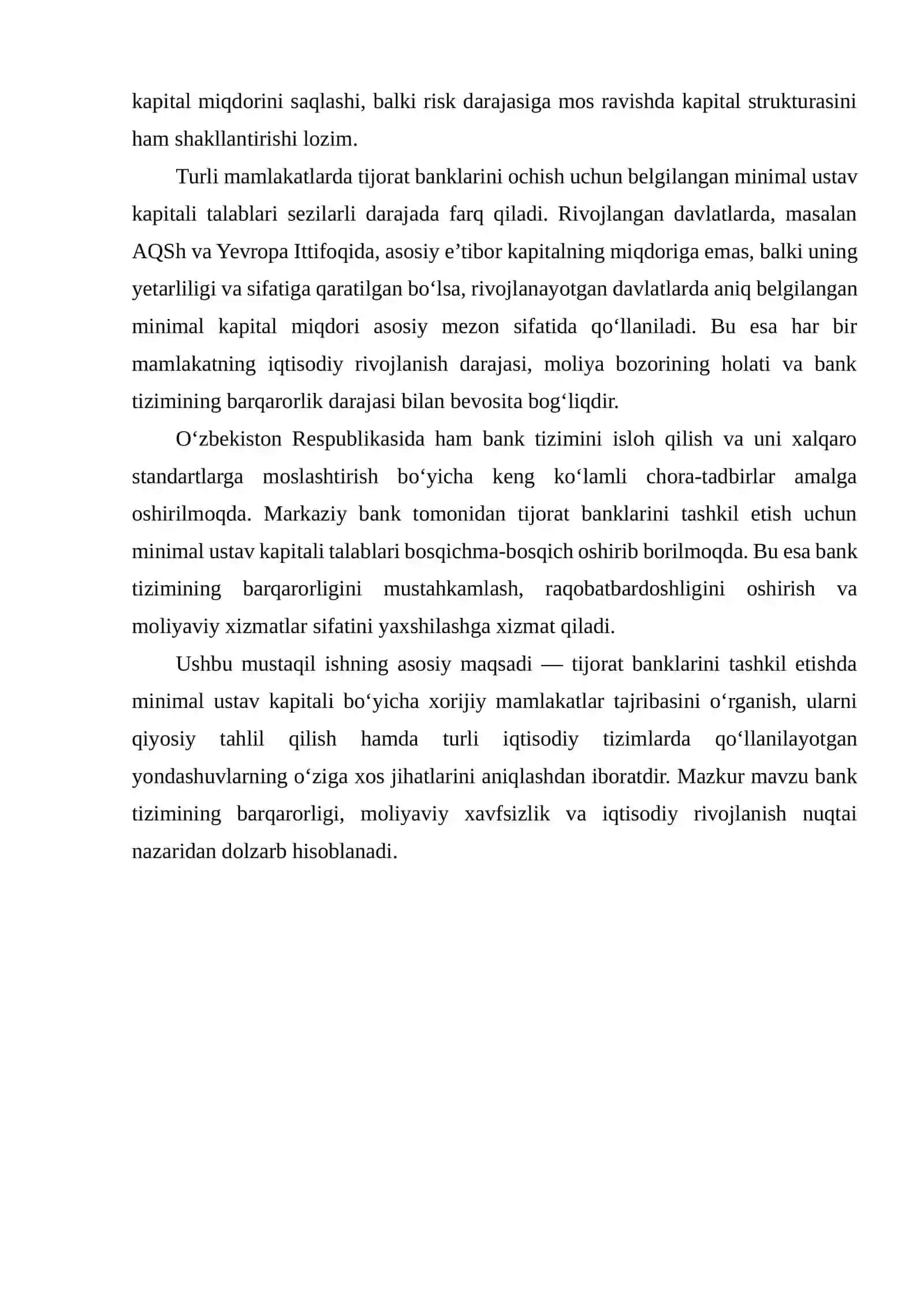 TIJORAT BANKLARINI OCHISH UCHUN USTAV KAPITALINING MINIMAL MIQDORI TALABLAR BO‘YICHA XORIJ AMALIYOTI VA QIYOSIY TAHLIL REJA 3