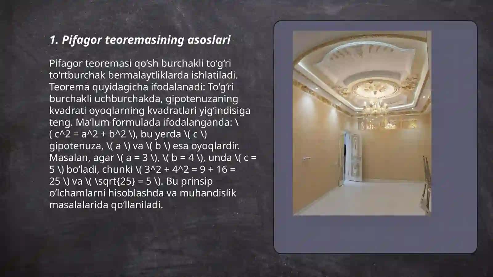 Uyni ta'mirlash va dizayn loyihasini tayyorlashda pifagor teoremasining tatbig'i 3