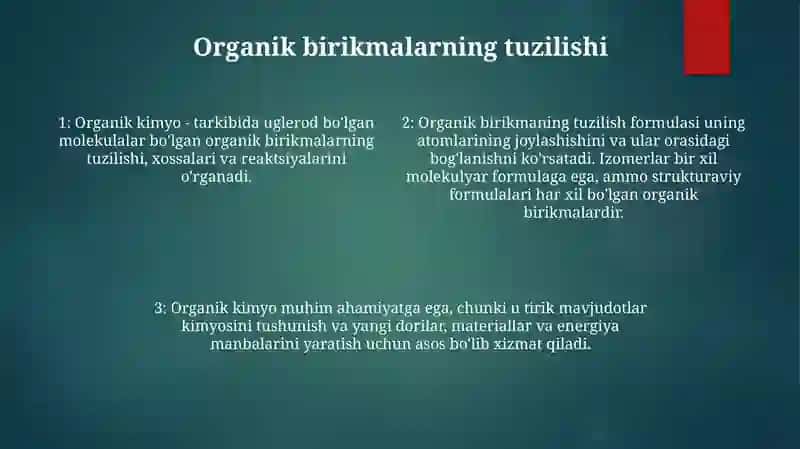 Organik Kimyo Fanining Asosiy Qonunlari Hamda Ularning Ahamiyati Haqida MaʼLumotlar Yozish 3