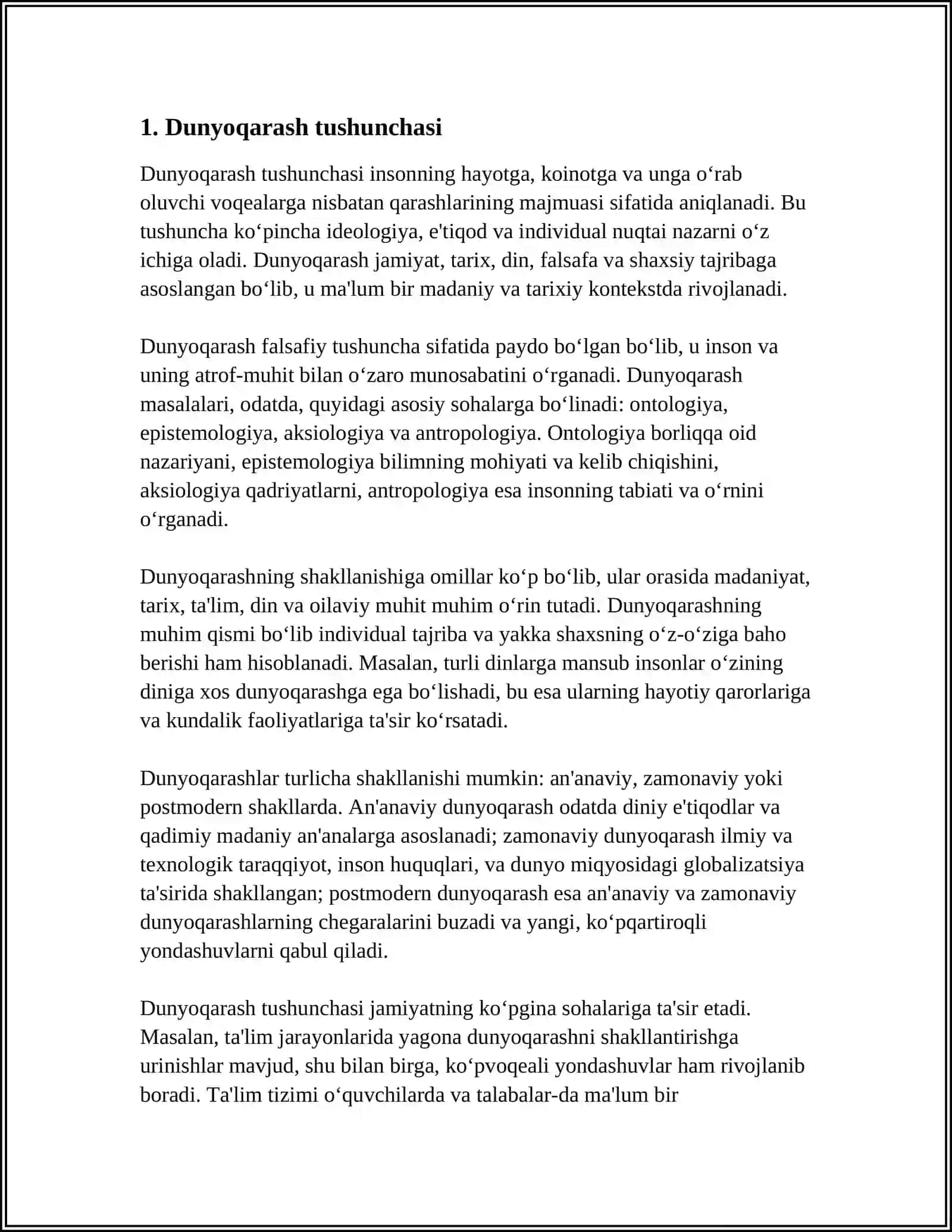 DUNYOQARASHNING MOHIYATI TUZULISHI VA ASOSIY FUNKSIYALARI 3