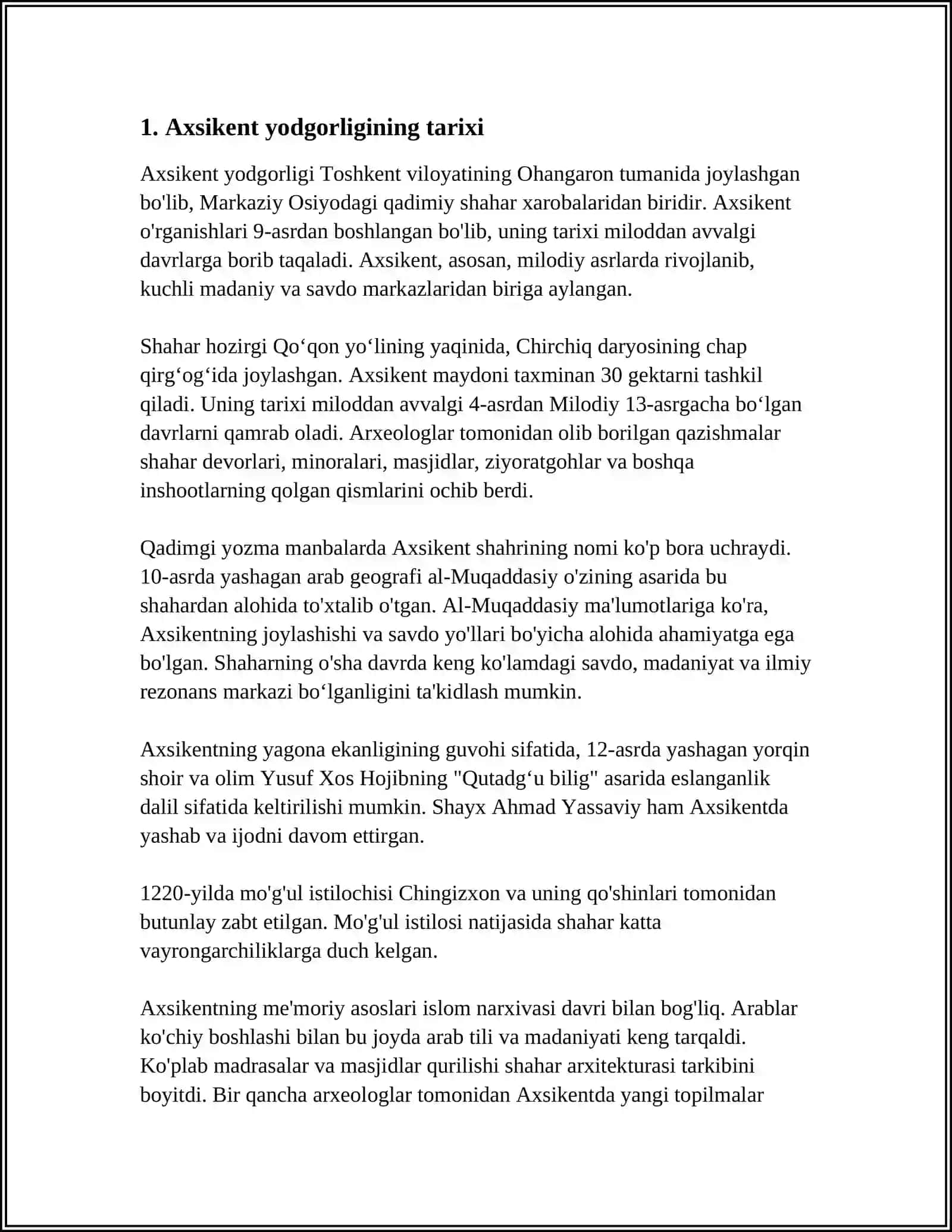 AXSIKENT YODGORLIGI. KECHA VA BUGUN 3