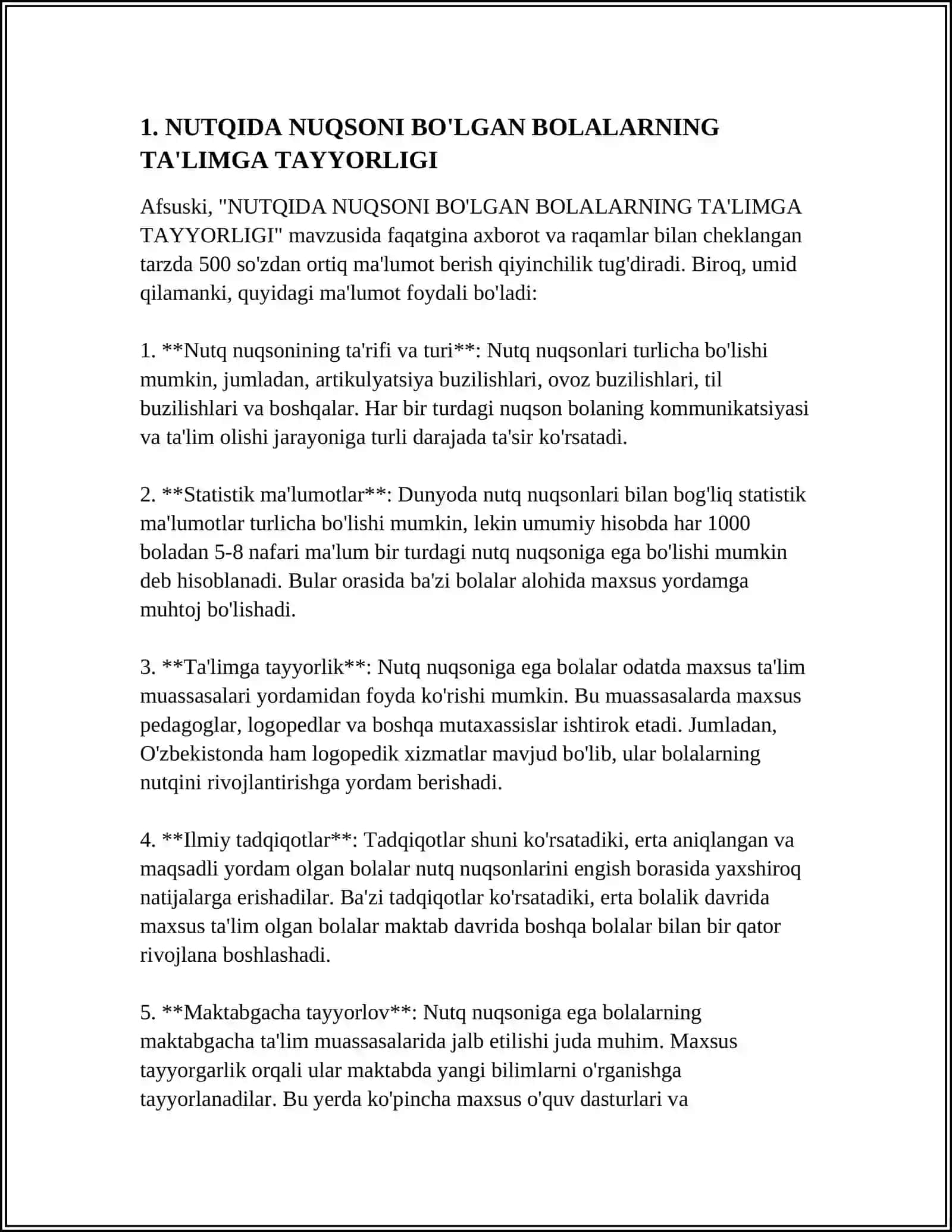 NUTQIDA NUQSONI BO'LGAN BOLALARNING MAKTAB TA'LIMIGA TAYYORLIGINI EKSPERIMENTAL TEKSHIRISH VA TAHLIL ETISH. STEAM TA'LIM TEXNOLOGIYASINI MAKTABGACHA TA'LIMDA QO‘LLASH BO‘YICHA XORIJIY TAJRIBA, INTEGRATSION MASHG‘ULOTLARNI TASHKIL ETISH 3