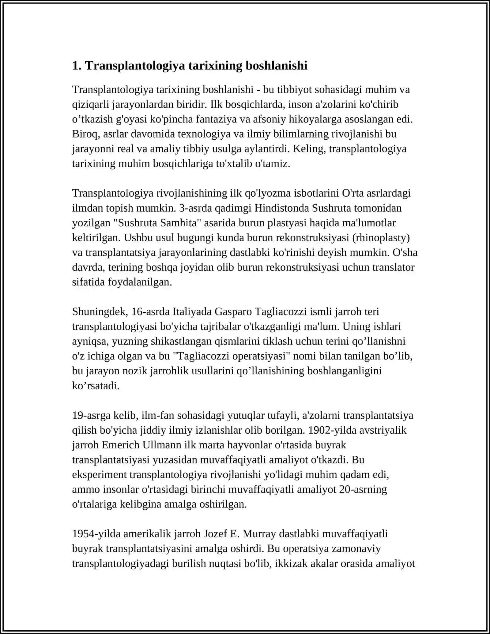 TRANSPLANTOLOGIYA TARIXI VA HOLATI. DONORLIK MUAMMOSI 3