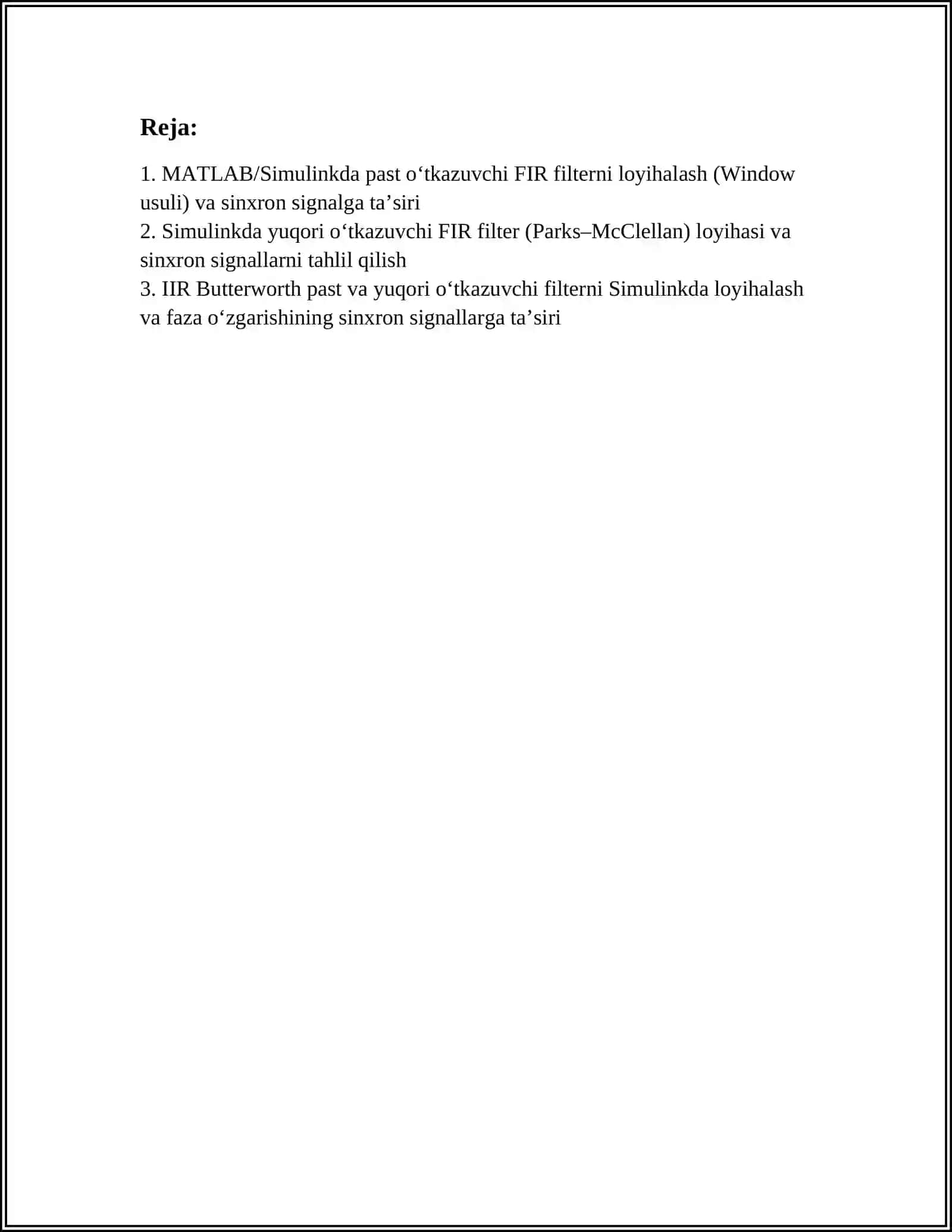 MATLAB SIMULINK DASTURIY MUHITIDA PAST VA YUQORI CHASTOTALI RAQAMLI FILTERLARNI LOYIHALASH VA ULARNING SINXRON SIGNALLARGA TAʼSIRINI MODELLASHTRISH 3