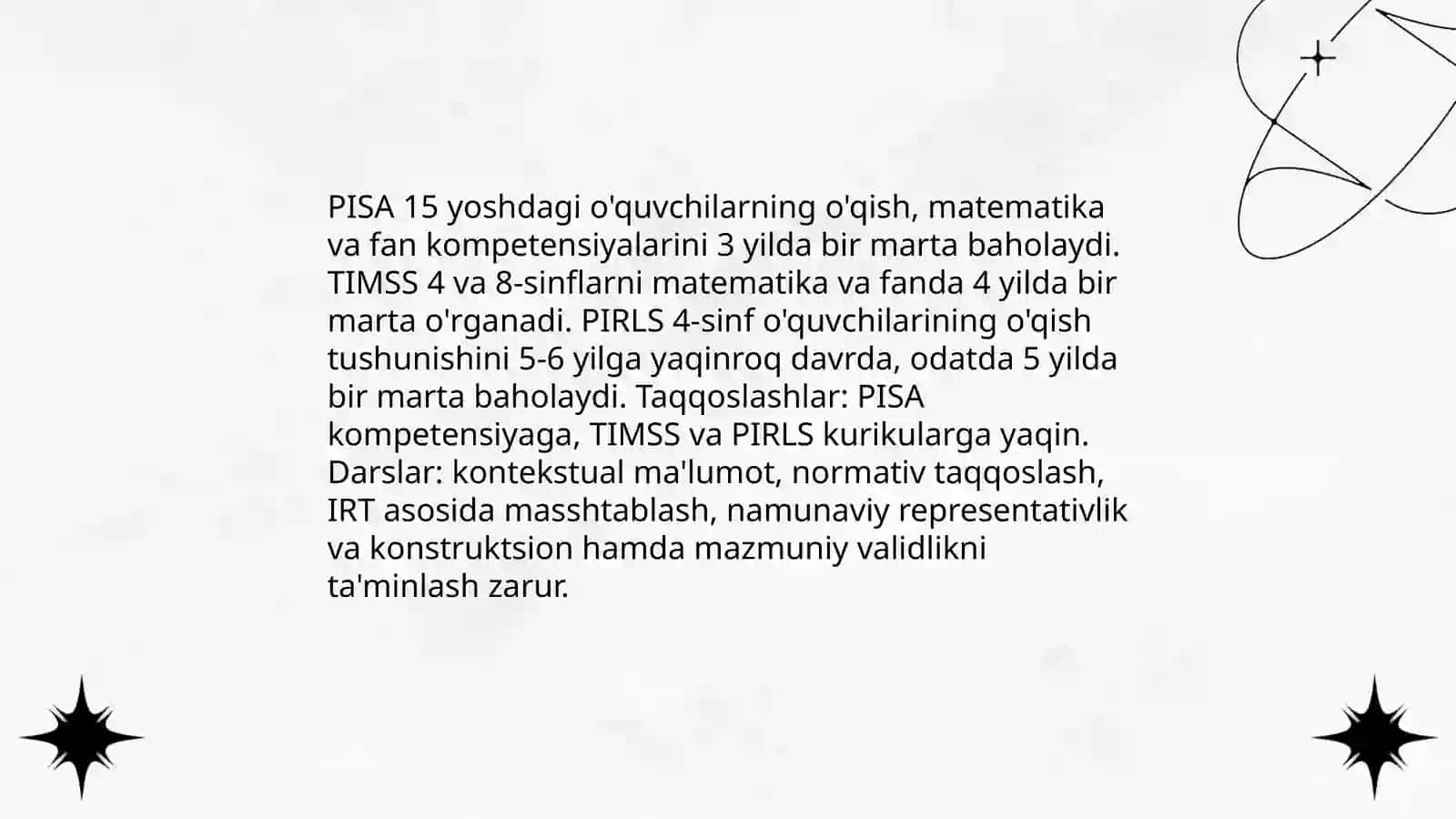 Xalqaro ta'lim baholash dasturlari (PISA, TIMSS, PIRLS): taqqoslash va darslar 3