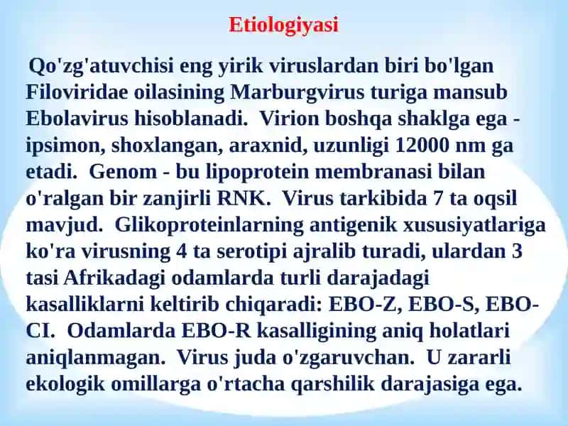 Ebola , Lassa , Zika viruslari , kasallik patogenezi , laborator tashhisi . 3