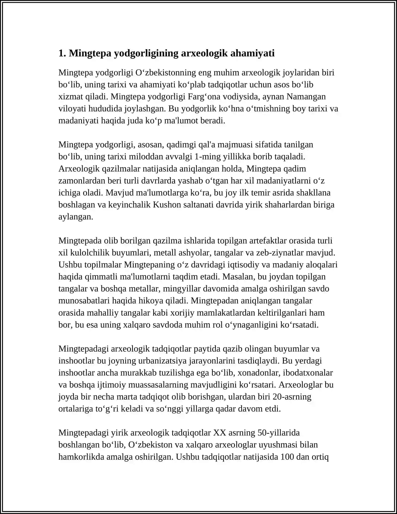 MINGTEPA YODGORLIGINING O'ZBEKISTON TARIXIDA TUTGAN O'RNI 3