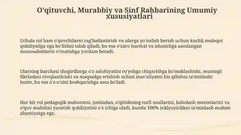 O'qituvchi, Murabbiy va Sinf Rahbarining Umumiy xususiyatlari 3