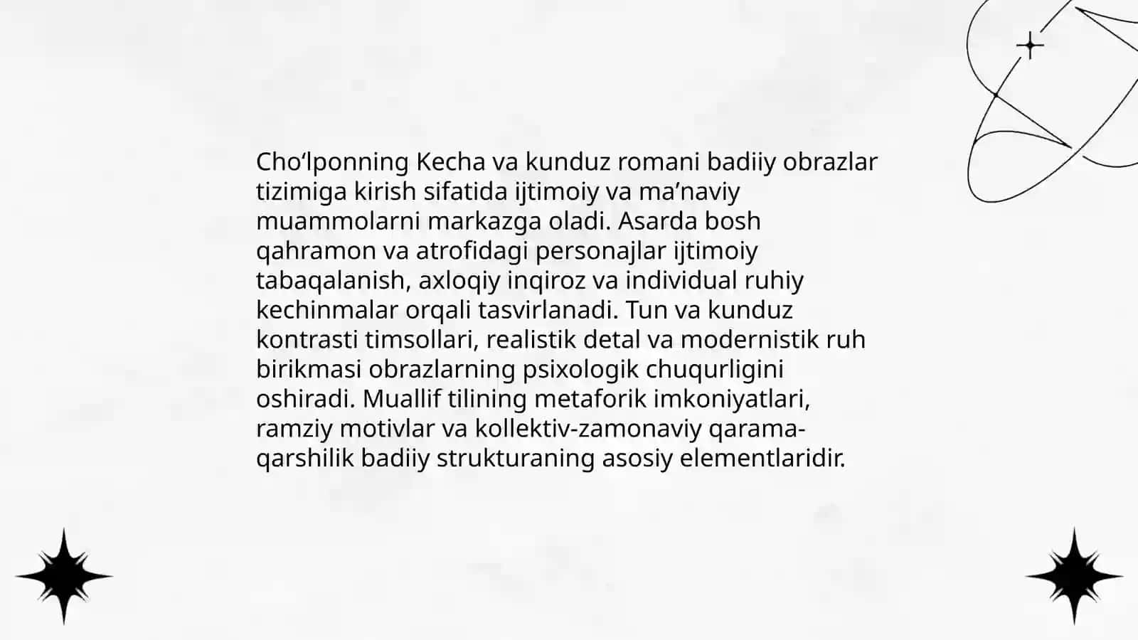 Choʻlponning Kecha va kunduz romanidagi badiiy obrazlar tizimi haqida taqdimot 3