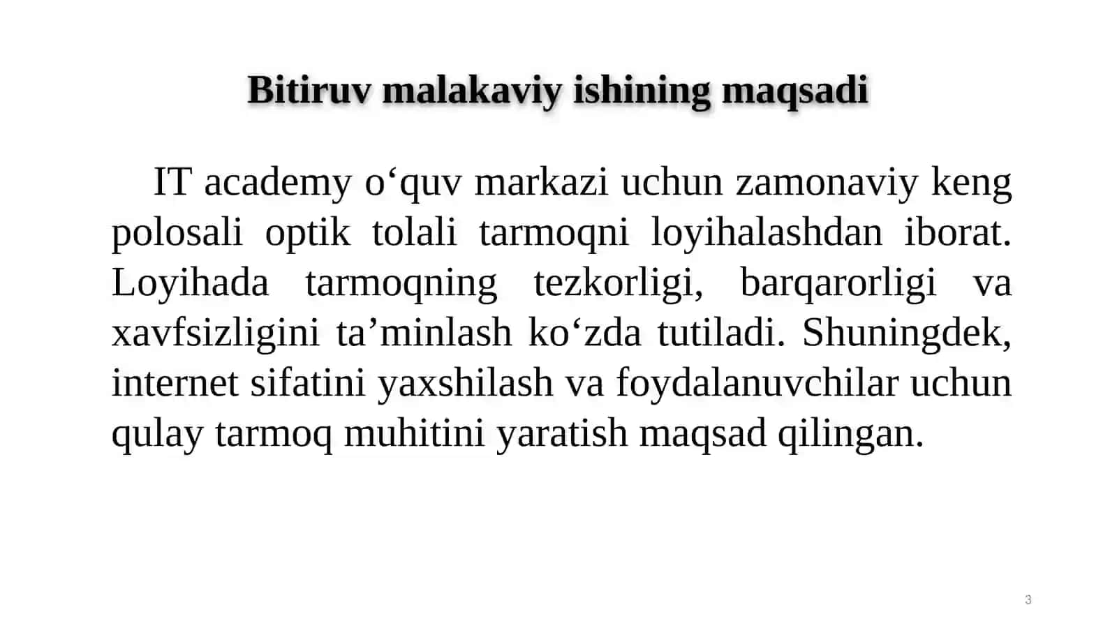 IT academy o'quv markazi uchun keng polosali optik tolali tarmoq infratuzilmasini loyihalash va uning samaradorligini baholash 3