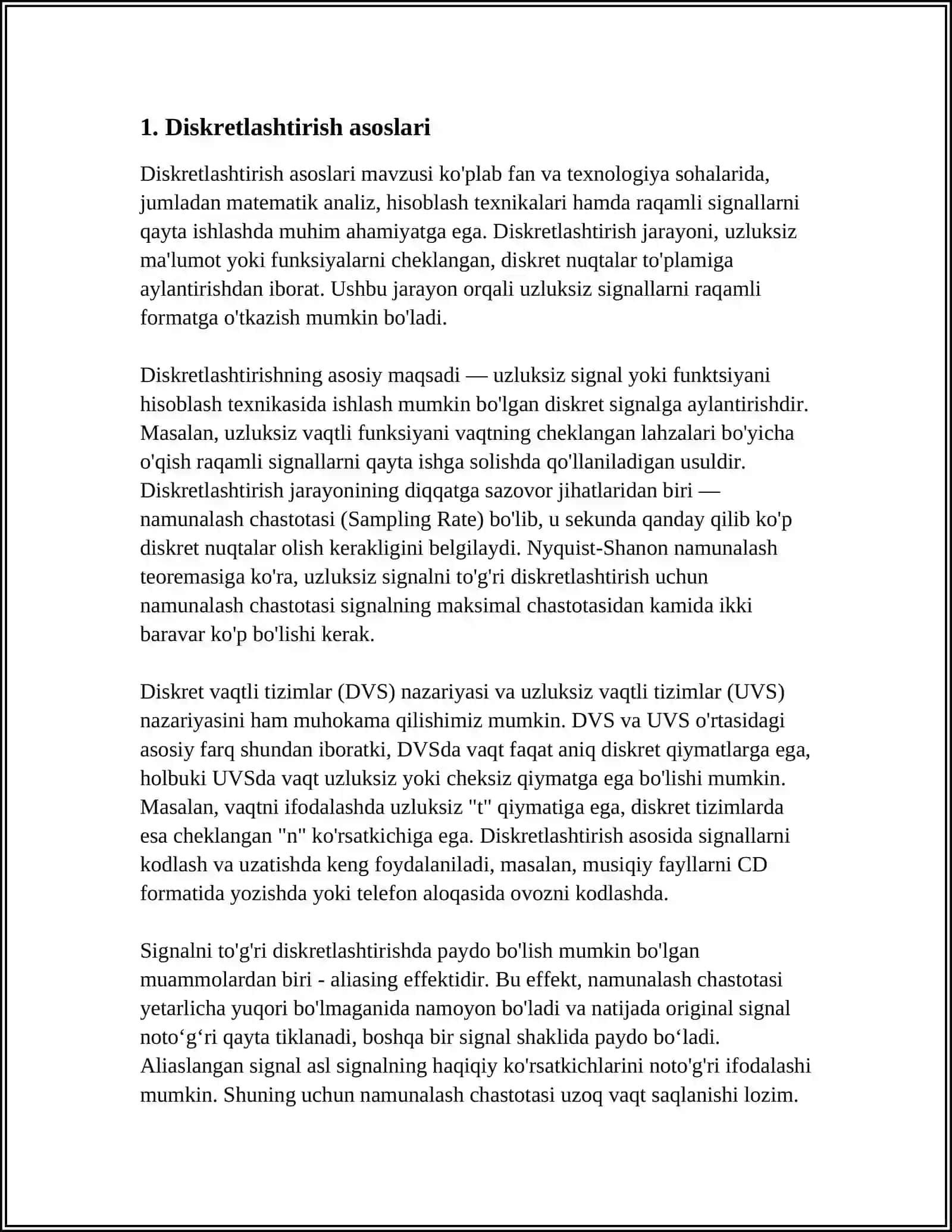 UZLIKSIZ JARAYONLARNI MODELLASHTIRISHDA DISKRETLASHTIRISH USULI 3