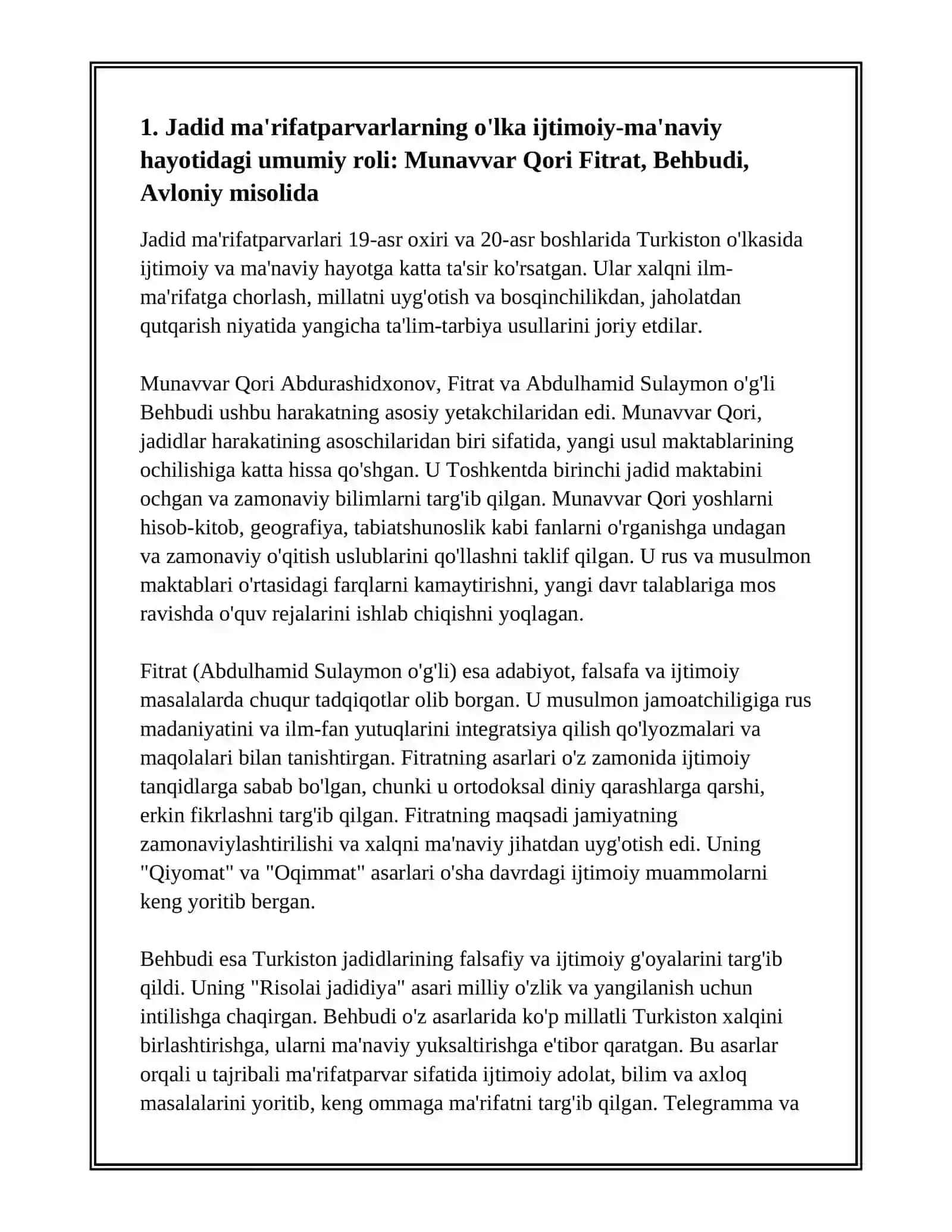 JADID MA'RIFATPARVARLARINING O'LKA IJTIMOIY MA'NAVIY HAYOTIDA TUTGAN O'RNI (MUNAVVAR QORI FITRAT BEHBUDIY AVLONIY VA BOSHQALAR) 3