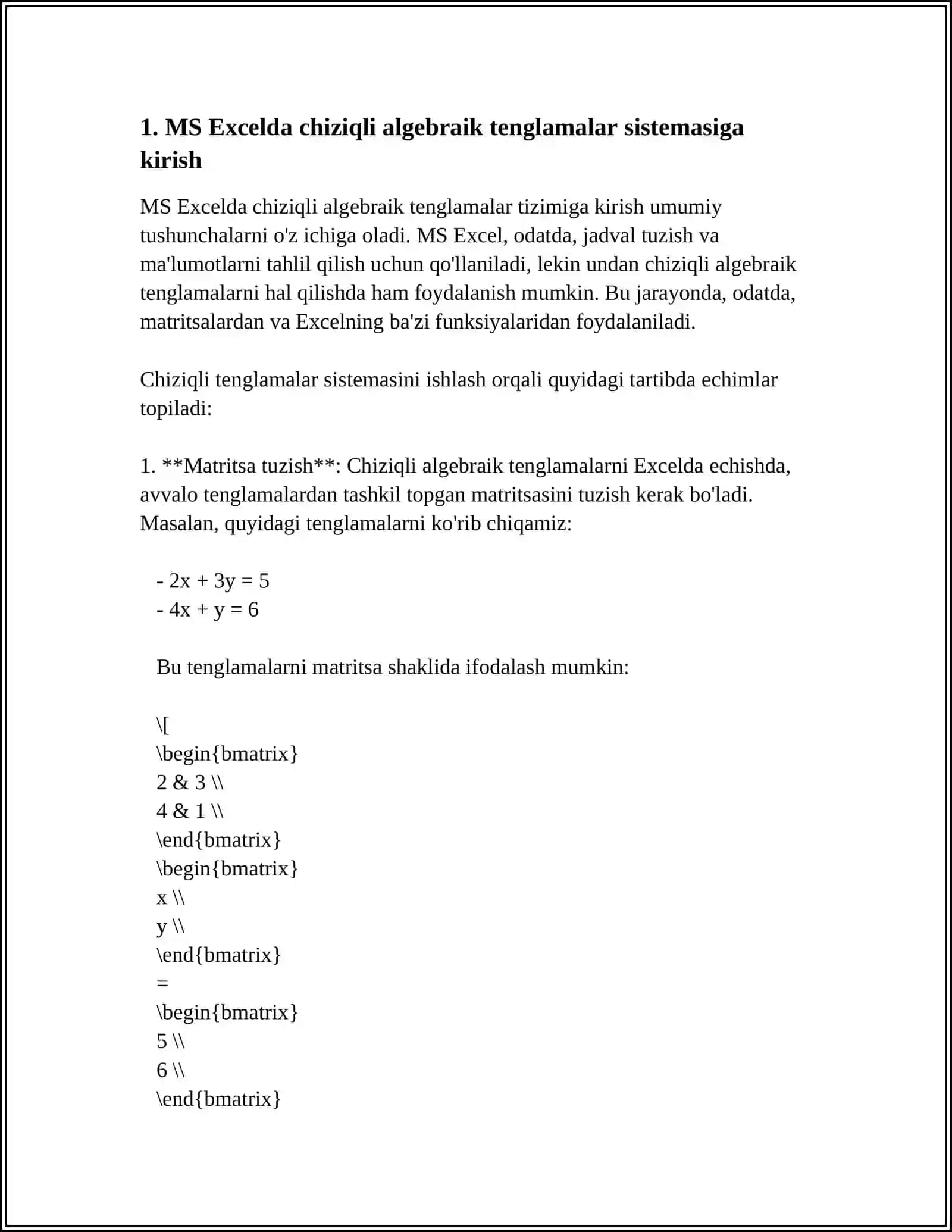 MS EXCEL DASTURI ELEKTRON JADVALIDA CHIZIQLI ALGEBRAIK TENGLAMALAR SISTEMASINI YECHISH 3