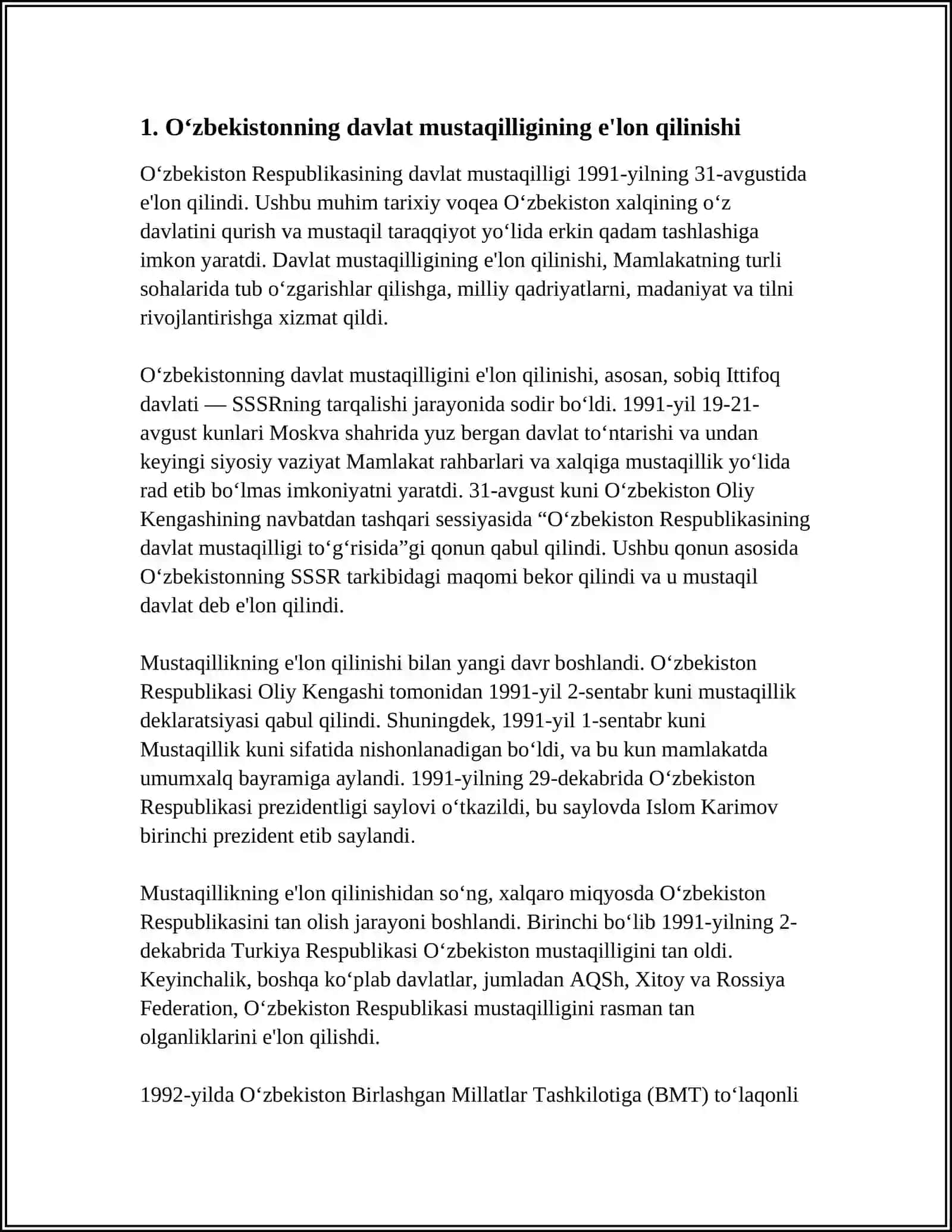O‘zbekistonning Eng Yangi Tarixi Mavzusida Mustaqil Ish 3