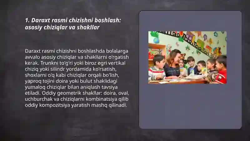 Maktabgacha taʼlimda daraxt, bayroq va uy rasmlari chizish 3