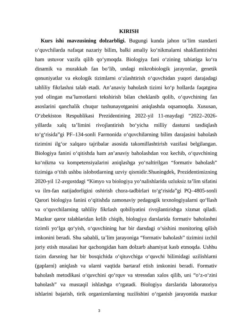 Biologiya o‘qitishda formativ baholash tizimi kurs ishi 3
