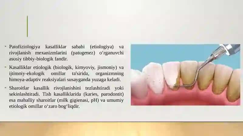 Umumiy etiologiya va patogenez. Patofiziologiyaning mustaqil tibbiy-biologik fan sifatida shakkllanishi, qismi. Kasallikning rivojlanishida etiologik va ijtimoiy-ekologik omillarning ahamiyati, himoya va adaptiv reaktsiyalar. Sharoitlarning tushunchasining ta'rifi, turli kasallikning holatlarining rivojlanishidagi ahamiyati. Tish kasalliklarining rivojlanishida etiologik omillar va sharoitlarning o'zaro bog'liqligi. 3