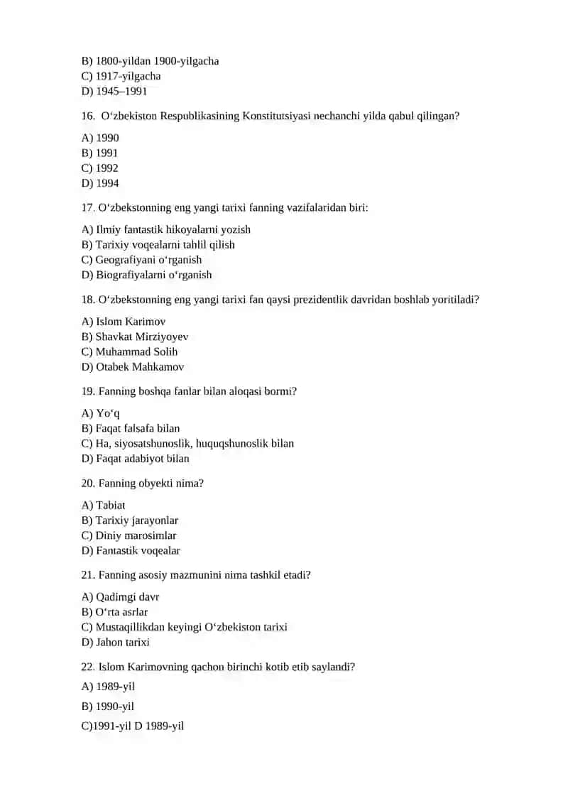 O‘zbekistonning eng yangi tarixidan Test 3