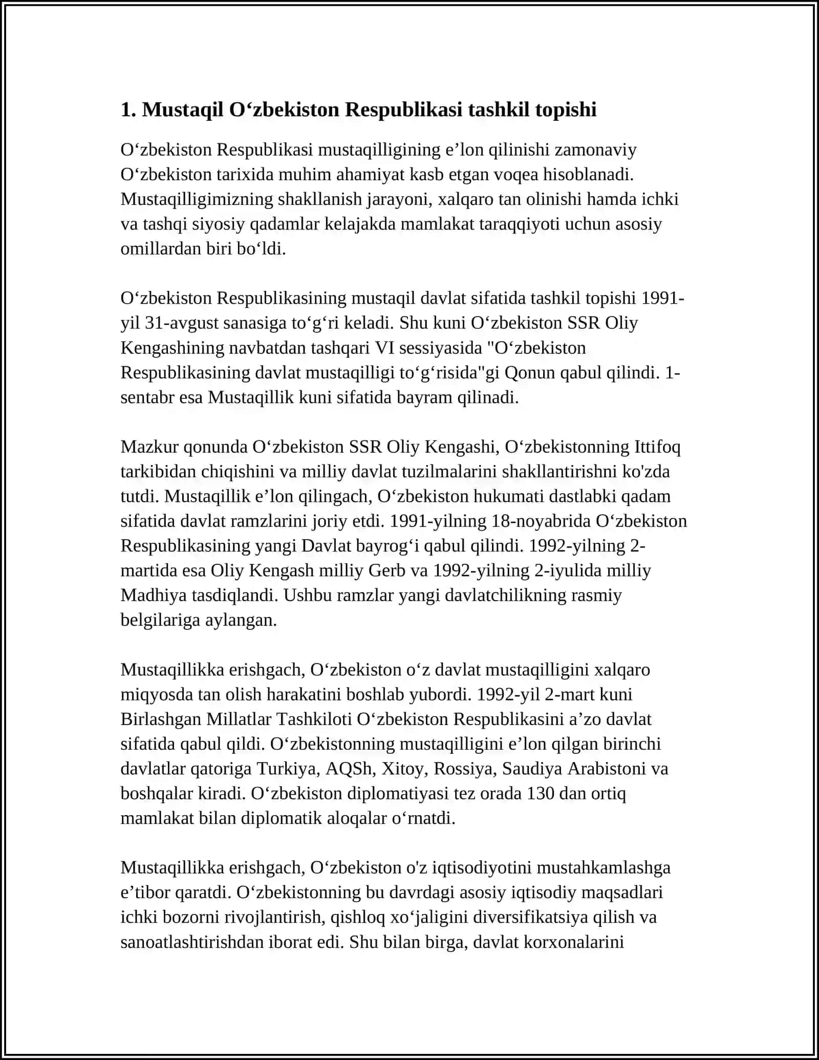 MUSTAQIL OʻZBEKISTON RESPUBLIKASINING TASHKIL TOPISHI VA UNING TARIXIY AHAMIYATI 3