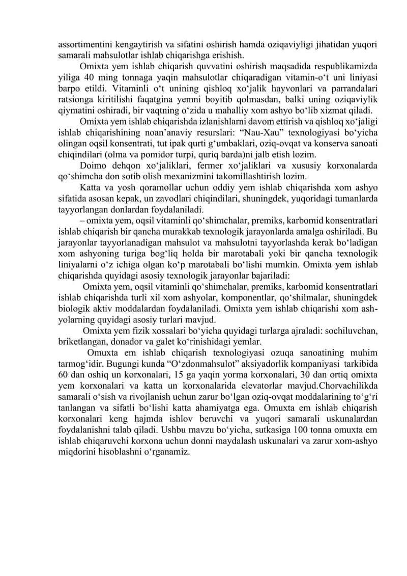 Omixta yem ishlab chiqarish uskunalari va xomashyo miqdori 3