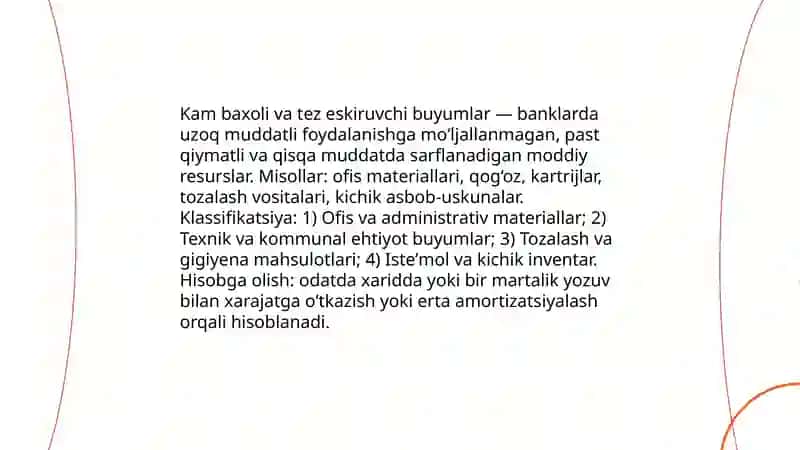 Banklarda kam baxoli va tez eskiruvchi buyumlar hisobi 3