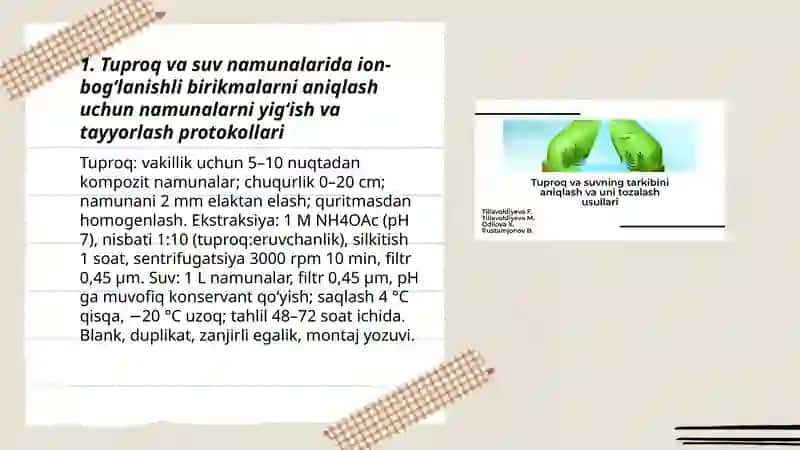 Tuproq va suvning ifloslanishida ion bogʻlanishni birikmalarni aniqlab ulardan tozalash usullarini ishlab chiqish 3
