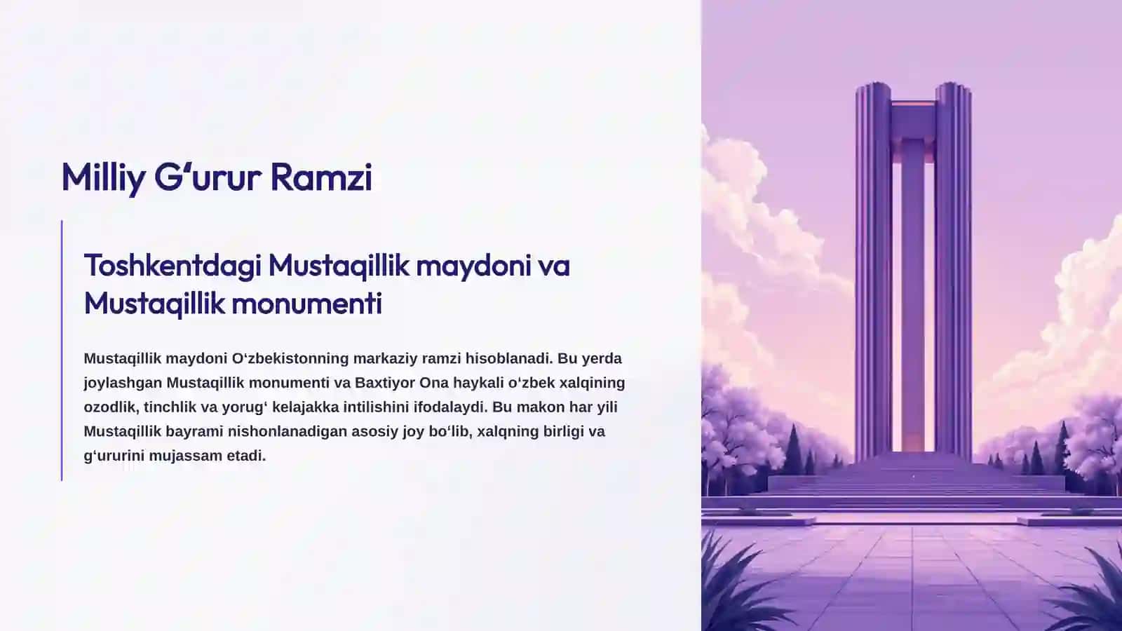 Oʻzbekiston Respublikasining mustaqillikka erishish jarayonini, uning tarixiy ahamiyatini, siyosiy, ijtimoiy-iqtisodiy taʼsirini hamda bugungi kundagi oʻrnini chuqur tahlil etadi. Bu, xalqimizning azaliy orzusi roʻyobi boʻlgan tarixiy voqea – 1991 yil 31 avgust sanasi xotirasiga bagʻishlanadi. 3