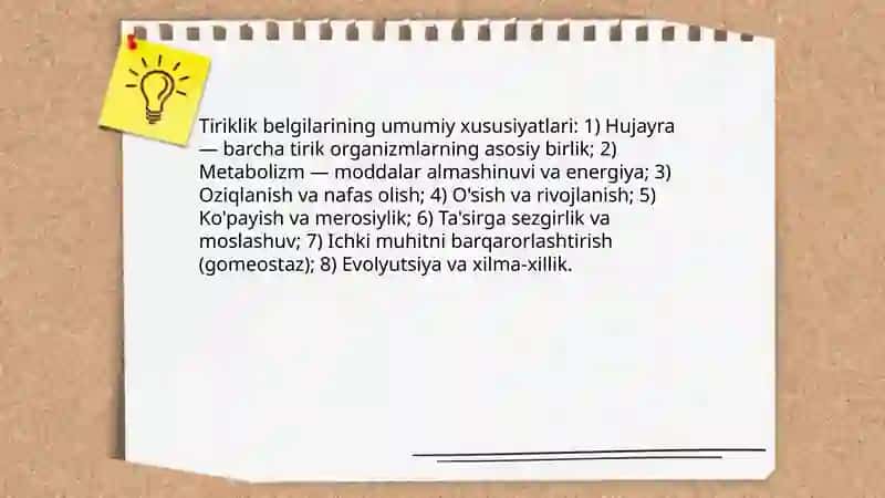 Tiriklik belgilari. Hujayraning oziqlanishi rivojlanishi va koʻpayishi 3