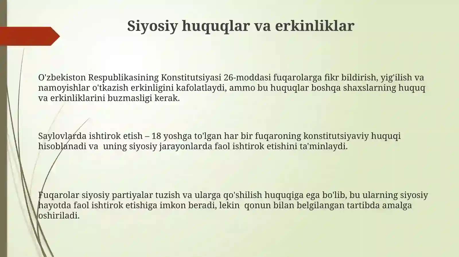 Oʻzbekiston Respublikasida inson va fuqoralarining huquqlari erkinliklari va majburiyatlari 3