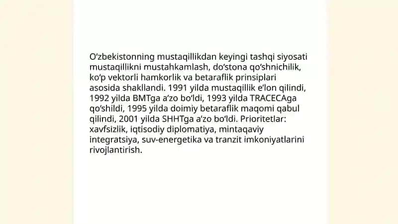 O‘zbekistonning mustaqillikdan keyingi tashqi siyosati 3
