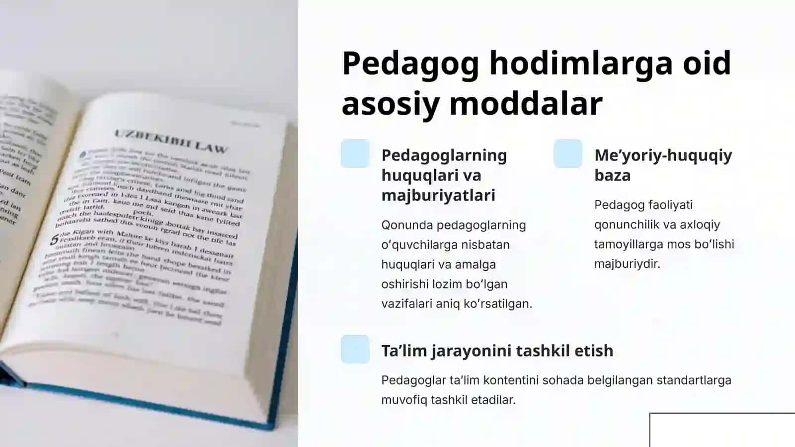 Oʻzbekiston Respublikasining Taʼlim toʻgʻrisidagi Qonunida Pedagog Hodimlarning Majburiyatlari 3