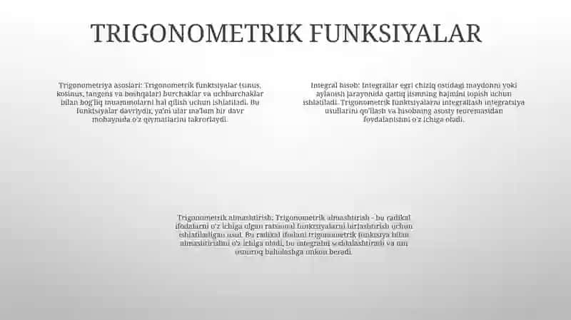 Trigonometrik Va Ba'Zi Irratsional Funksiyalarni Integrallash 3