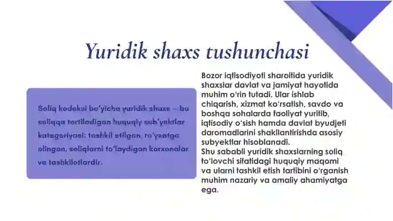 Soliq to'lovchi yuridik shaxslar va ularni tashkil etilishining huquqiy asoslari 3