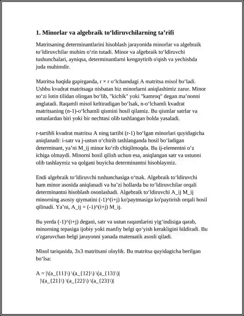 Minorlar va Algebraik To'ldiruvchilar 3