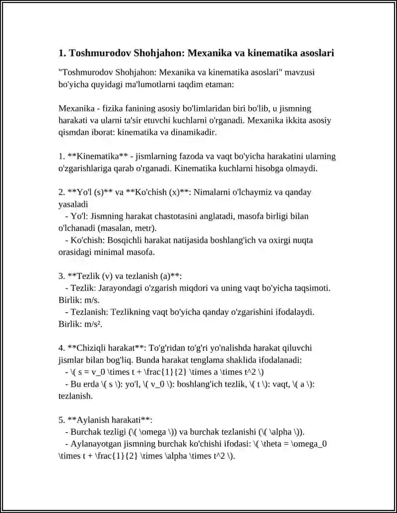 Toshmurodov Shohjahon: Mexanika va kinematika asoslari 3