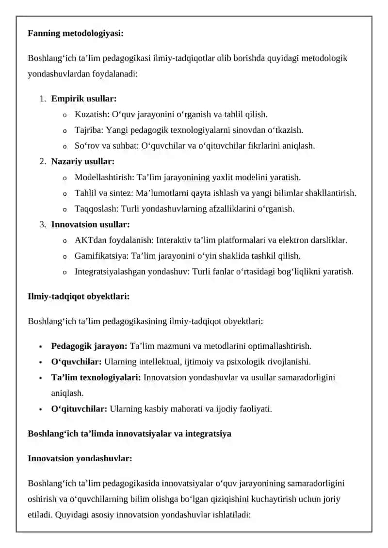 Boshlang’ich ta’lim pedagogikasi, innovatsiya va integratsiyasi faning mazmuni, predmanti, metadalogiyasi, ilmiy-tadqiqod obyekti metodlari 3