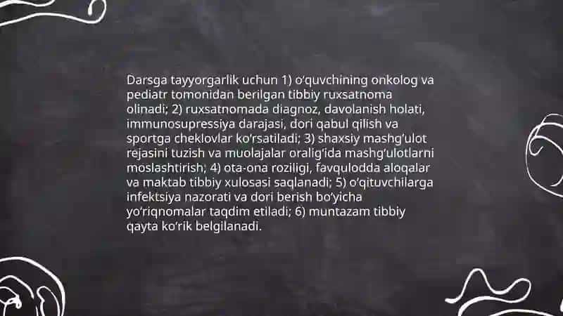 Saraton kasaligi qon va limfa oʻsmalari bilan ogʻrigan oʻquvchilar bilan mashgʻulot oʻtish tamoyillari 3