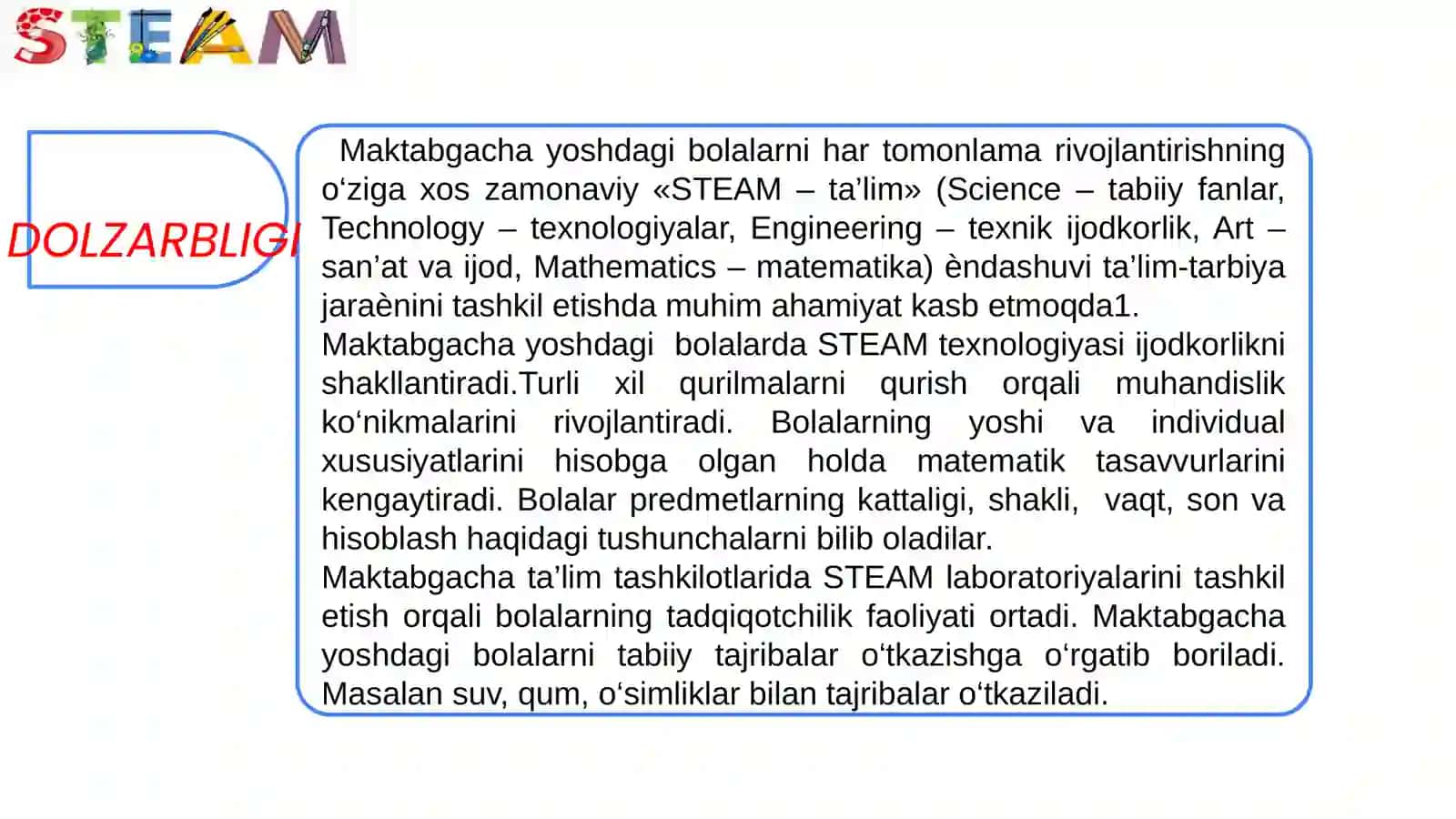 Maktabgacha ta’lim tashkilotlarida STEAM ta’lim texnologiyasidan foydalanish 3