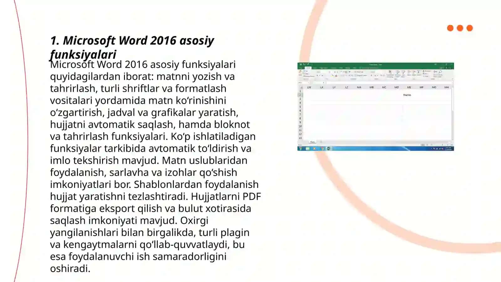 Microsoft Word 2016, Microsoft Excel 2016, Microsoft PowerPoint 2016, dasturida ishlash 3