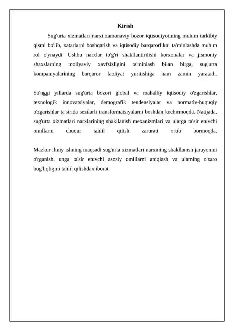 Sug'urta Xizmatlarining Narxi, Shakllanishi va Tasiri 3