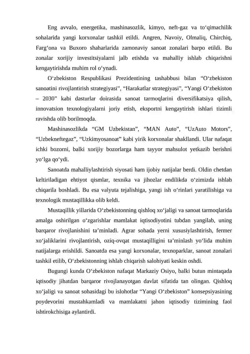 MUSTAQILLIK YILLARIDA QISHLOQ XOʻJALIGI VA SANOAT SOHASIDAGI O'ZGARISHLAR 3