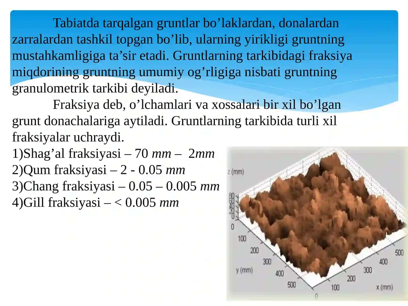 Gruntlardonadorlik tarkibi va zarrachalarining solishtirma og’irligi 3