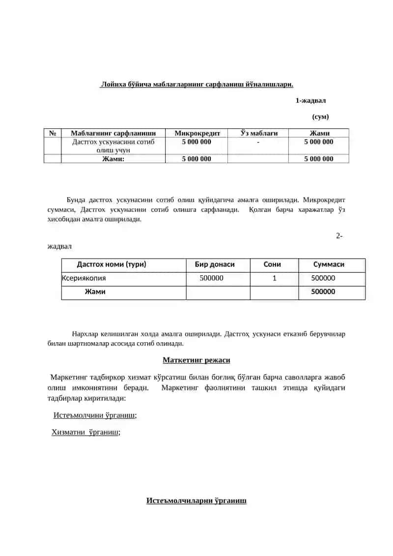 Biznes plan Kserokopiya uchun imtiyozli kredit 3