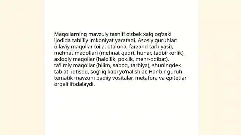 O'zbek xalq maqollari tematikasi va badiiy xususiyatlari 3